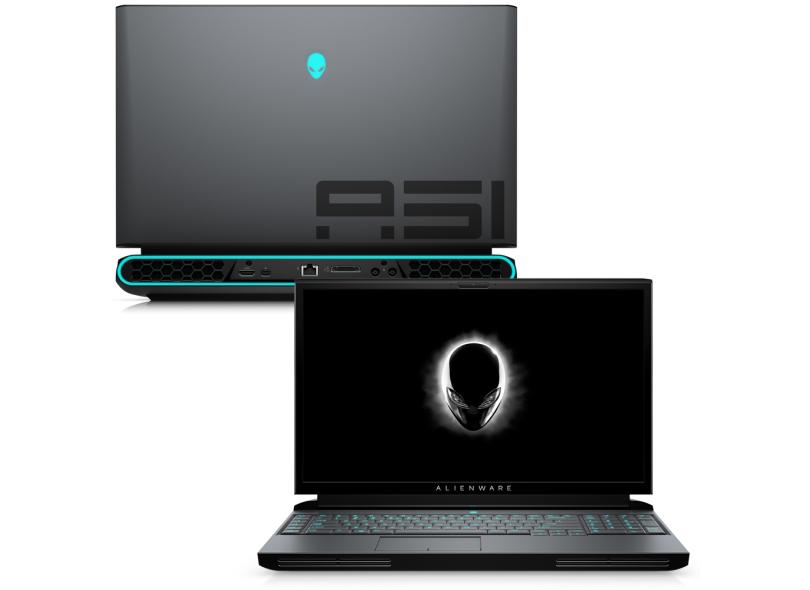 Alienware Area-51m de 2019, cinza-escuro, visto de frente com o logotipo na tela e de trás com a tampa marcada A51 e a saída de ar em colmeia iluminada