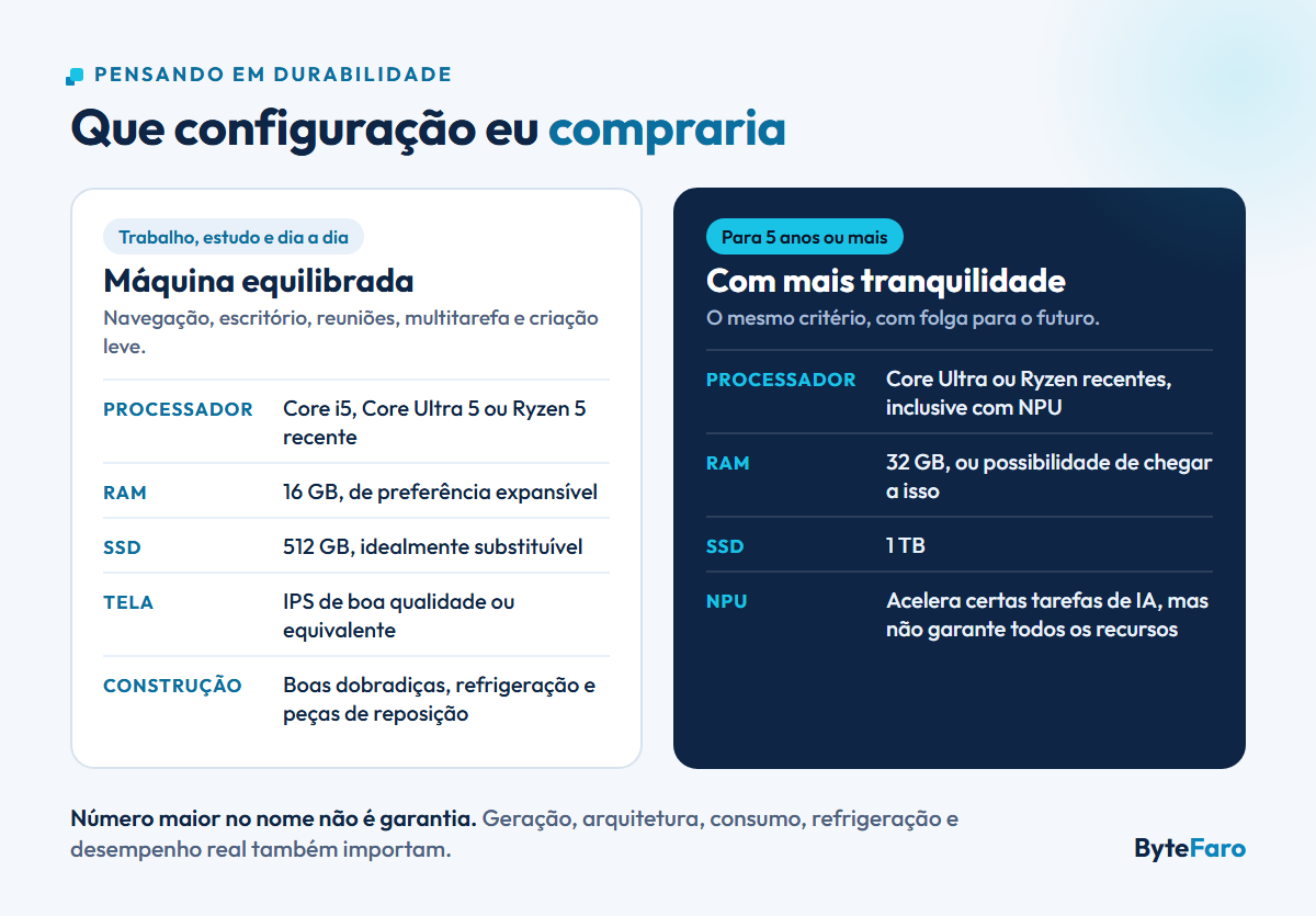 Duas configurações lado a lado. Máquina equilibrada: Core i5, Core Ultra 5 ou Ryzen 5 recente, 16 GB de RAM expansível, SSD de 512 GB substituível, tela IPS de boa qualidade e boa construção. Para cinco anos ou mais: Core Ultra ou Ryzen recentes, inclusive com NPU, 32 GB de RAM ou possibilidade de chegar a isso e SSD de 1 TB.