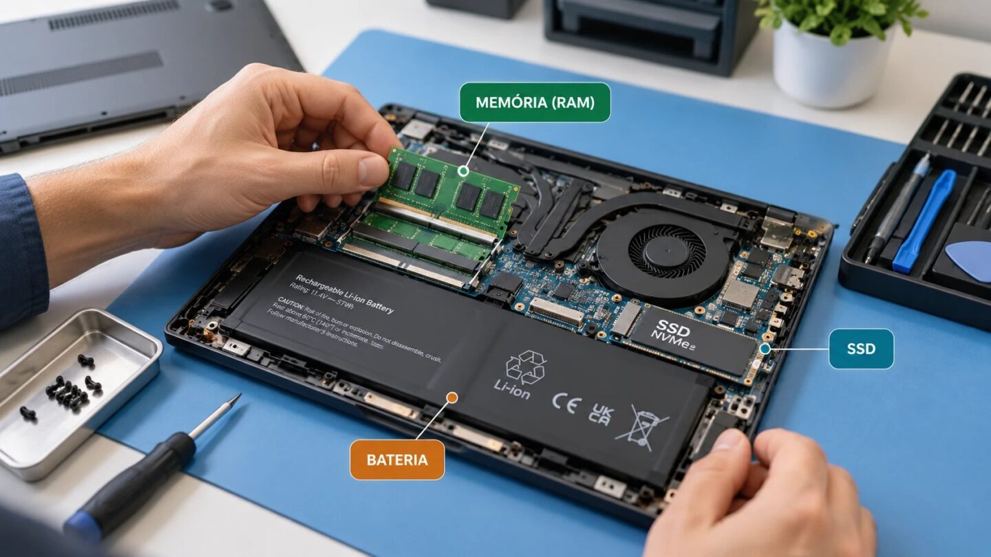 Notebook aberto sobre manta azul, com mãos encaixando um pente de memória RAM; etiquetas indicam a memória (RAM), o SSD NVMe e a bateria