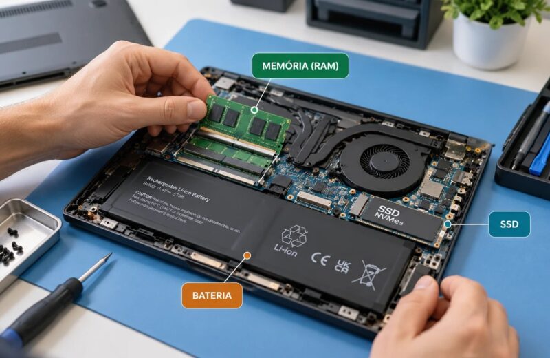 Notebook aberto sobre manta azul, com mãos encaixando um pente de memória RAM; etiquetas indicam a memória (RAM), o SSD NVMe e a bateria